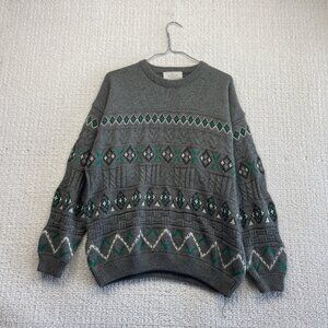 VTG Sunday's Cable Knit Sweater Fair Isle / Nordic Men Sz M Grey Green Cozy